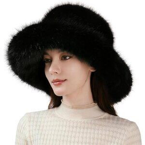 Luxury Faux Fur Bucket Hat for Women Black